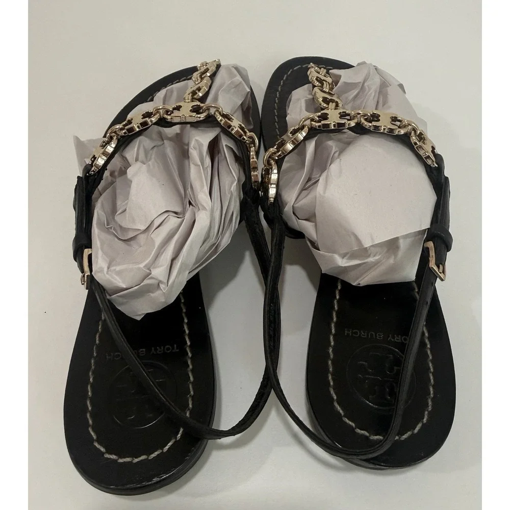Tory Burch Gemini Black Leather Gold Chain T Link Strap Sandals Size 6.5